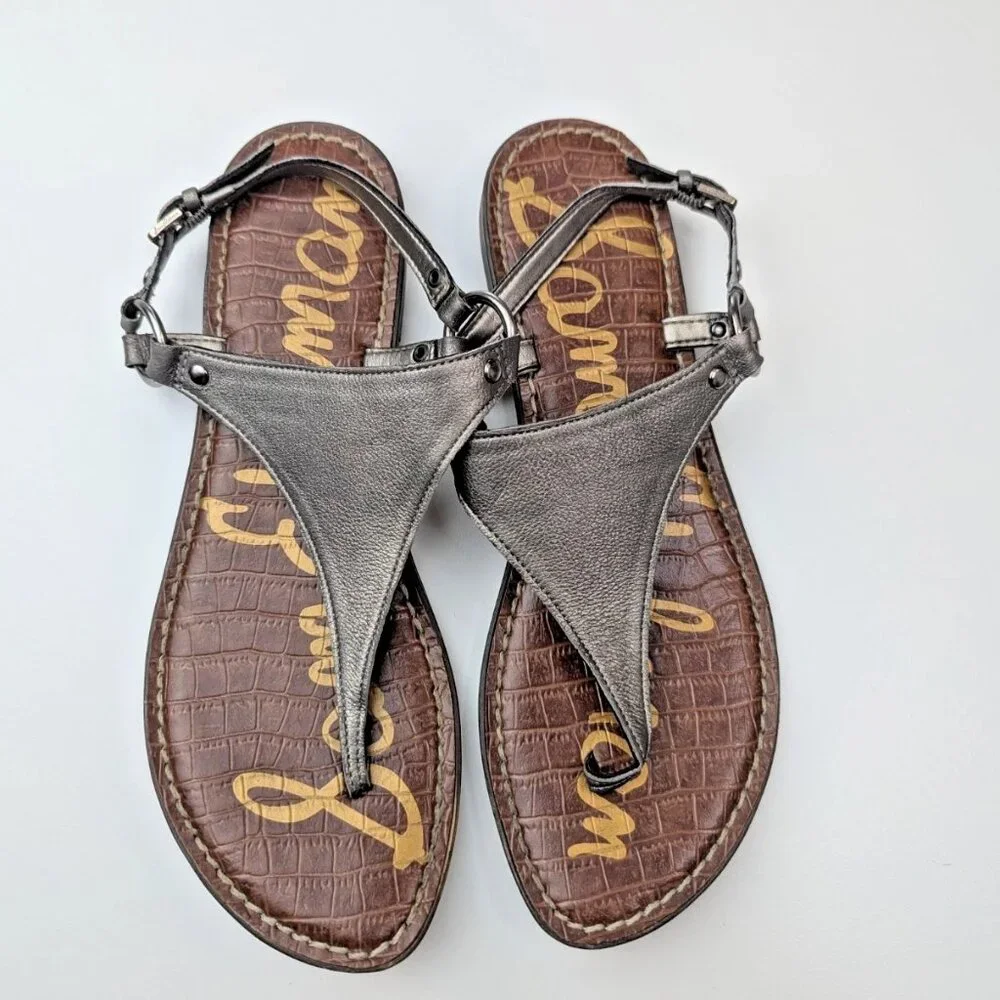 Sam Edelman 9M Greta Light Gold Metallic Leather T Strap Flat Sandals - Picture 1 of 6